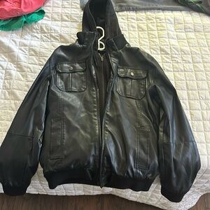 Obey Propaganda Hooded Leather Jacket Mens Sz Lg Fleece Lined Inside Black